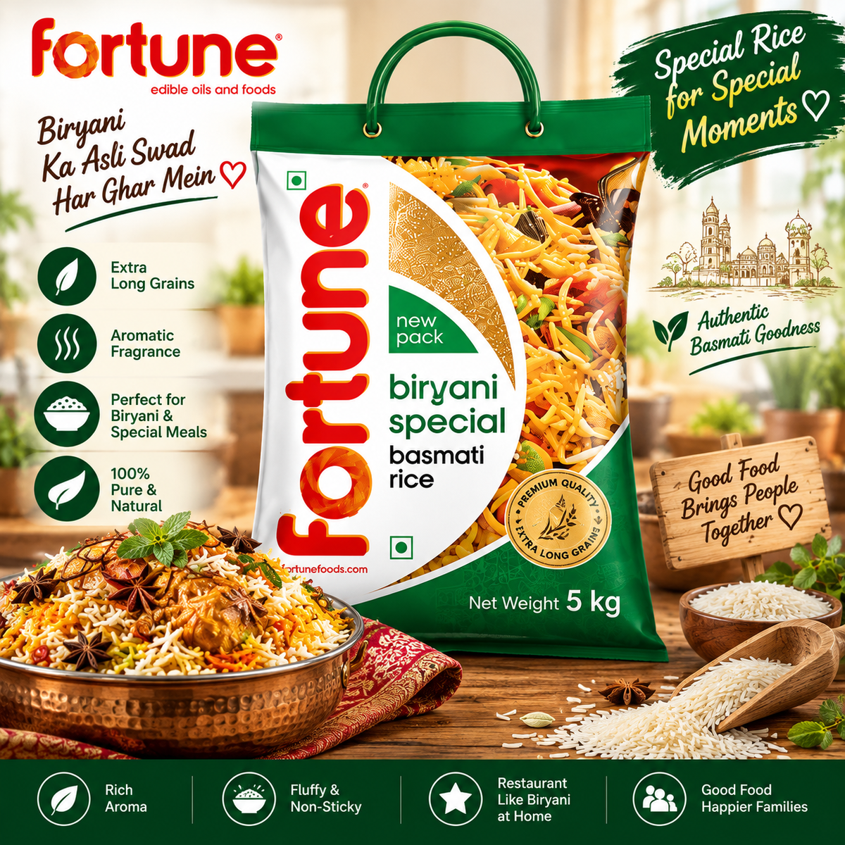π₯ Premium Family Kitchen Mega Combo β 5KG Fortune Biryani Basmati Rice + 1KG Amul Buffalo Ghee + 15L Tirupati Cottonseed Oil
