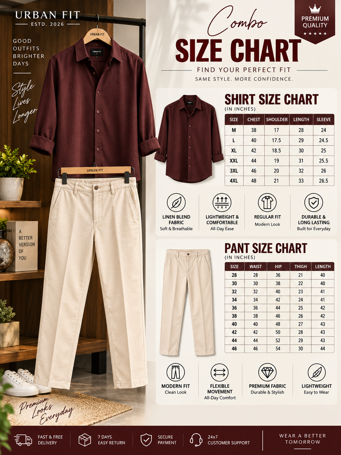 🔥 Premium Linen Blend Maroon Shirt & Cream Pant Combo – Stylish Casual Outfit (Limited Stock) - 90% OFF 😍
