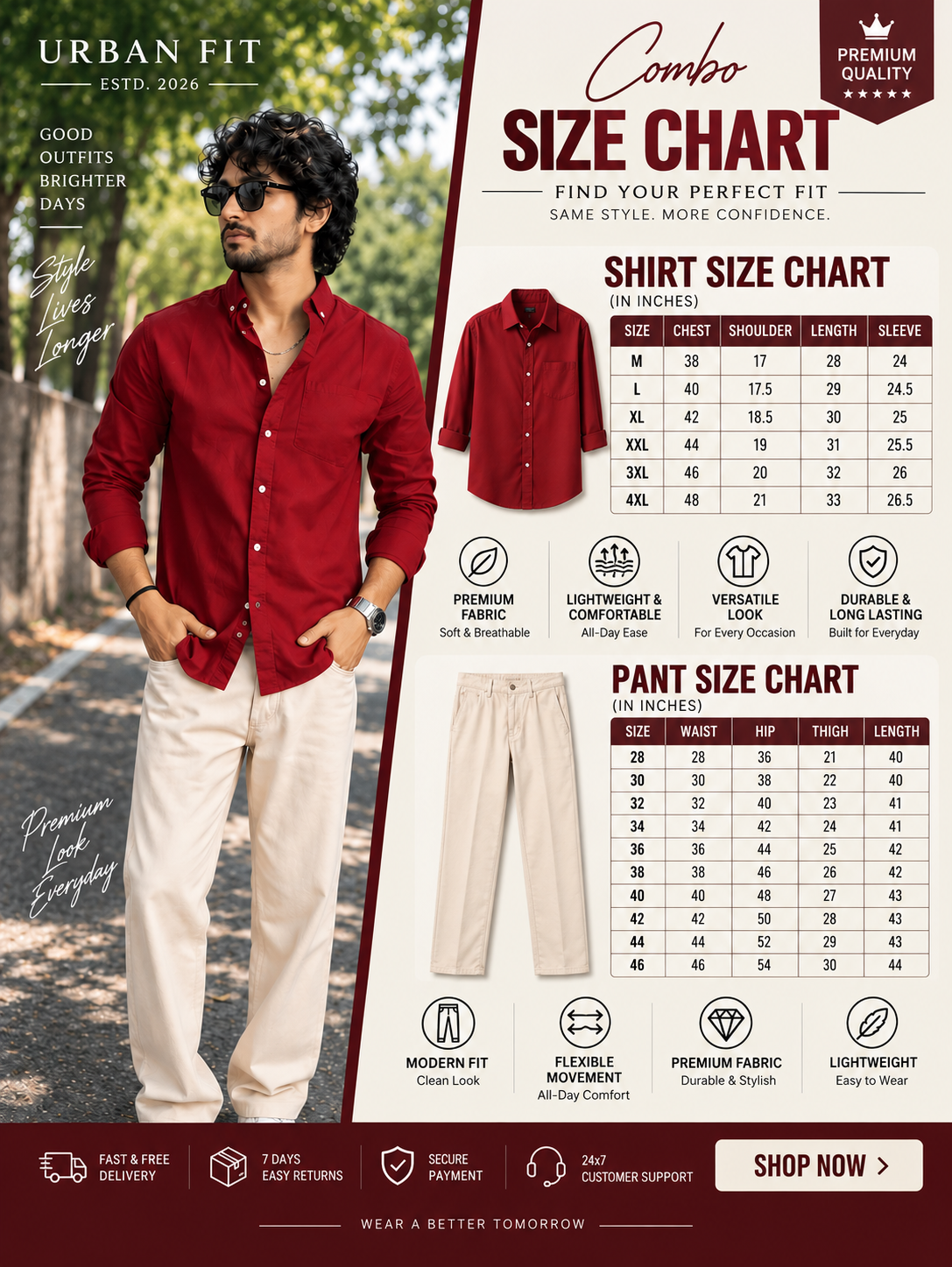 🔥 Premium Red Shirt + Beige Pant Combo – 90% OFF 😍(Limited Stock 🚀)