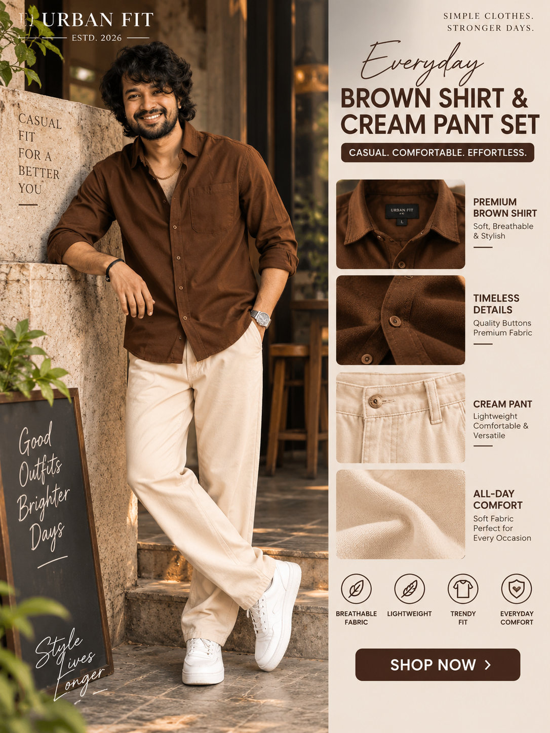 🔥 Premium Brown Shirt & Cream Pant Combo for Men – Stylish Casual Outfit - 90% OFF 😍