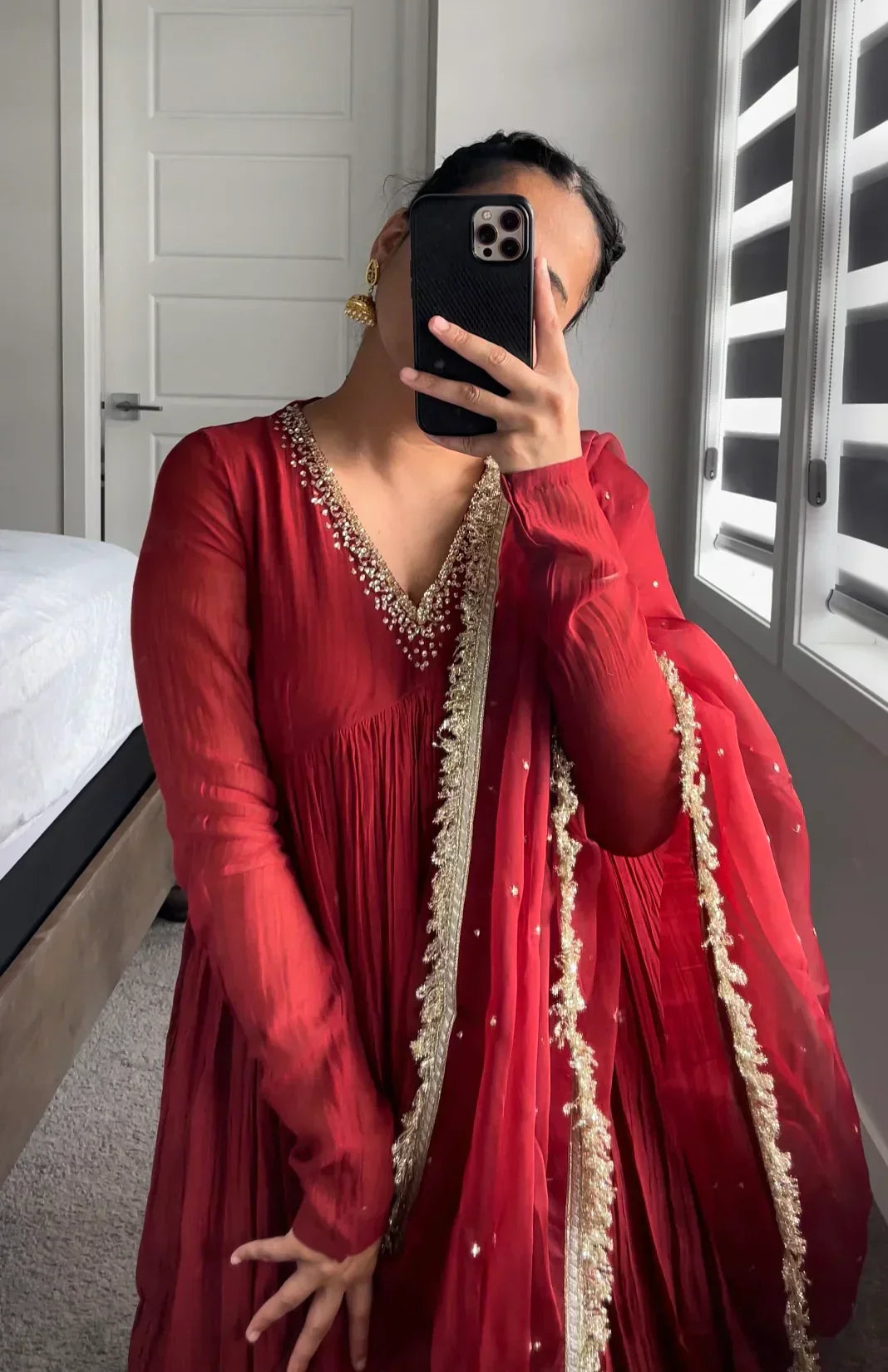 Mul Cotton Hand Work Anarkali with Churi Sleeves Set of 3