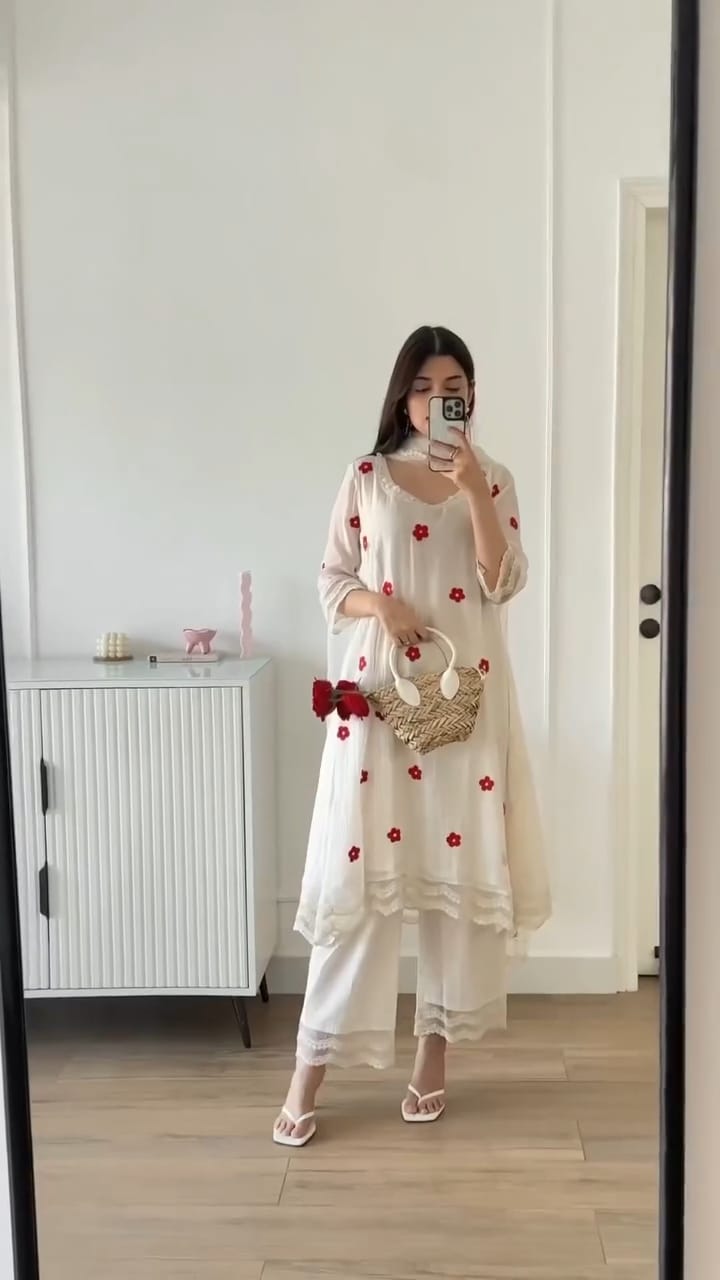 Red Buti Embrodery Mul Cotton Anarkali Dress