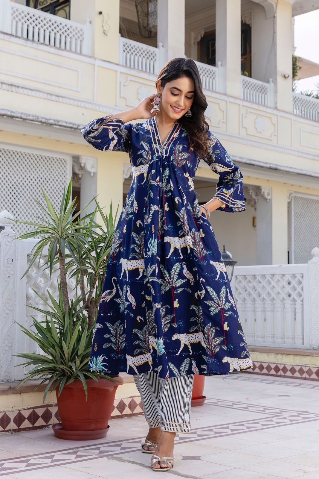 Green and Blue Hand Block Tiger Print Cotton Kurta Set