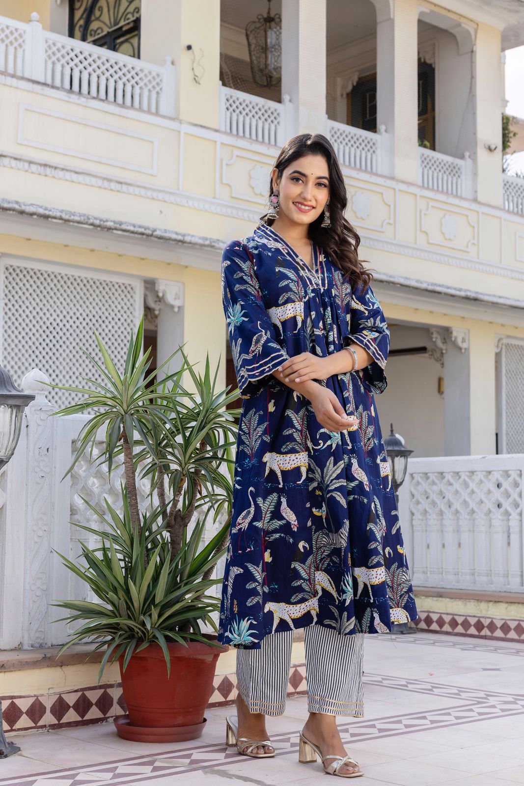 Green and Blue Hand Block Tiger Print Cotton Kurta Set