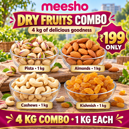 (4KG - 1Kg*4) Dry Fruits Combo Pack of 4 - (Almonds, Cashews, Pistachios, Raisins) - Healthy Dry Fruit Snacks | Tasty & Delicious, Rich in Protein | High in Protein, Fiber & Boost Immunity | Real Nuts | Gluten-Free | Super Healthy Nuts