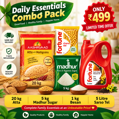 Mega Family Grocery Combo Pack – 20KG Aashirvaad Atta + 5KG Madhur Sugar + 1KG Fortune Besan + 5L Fortune Mustard Oi