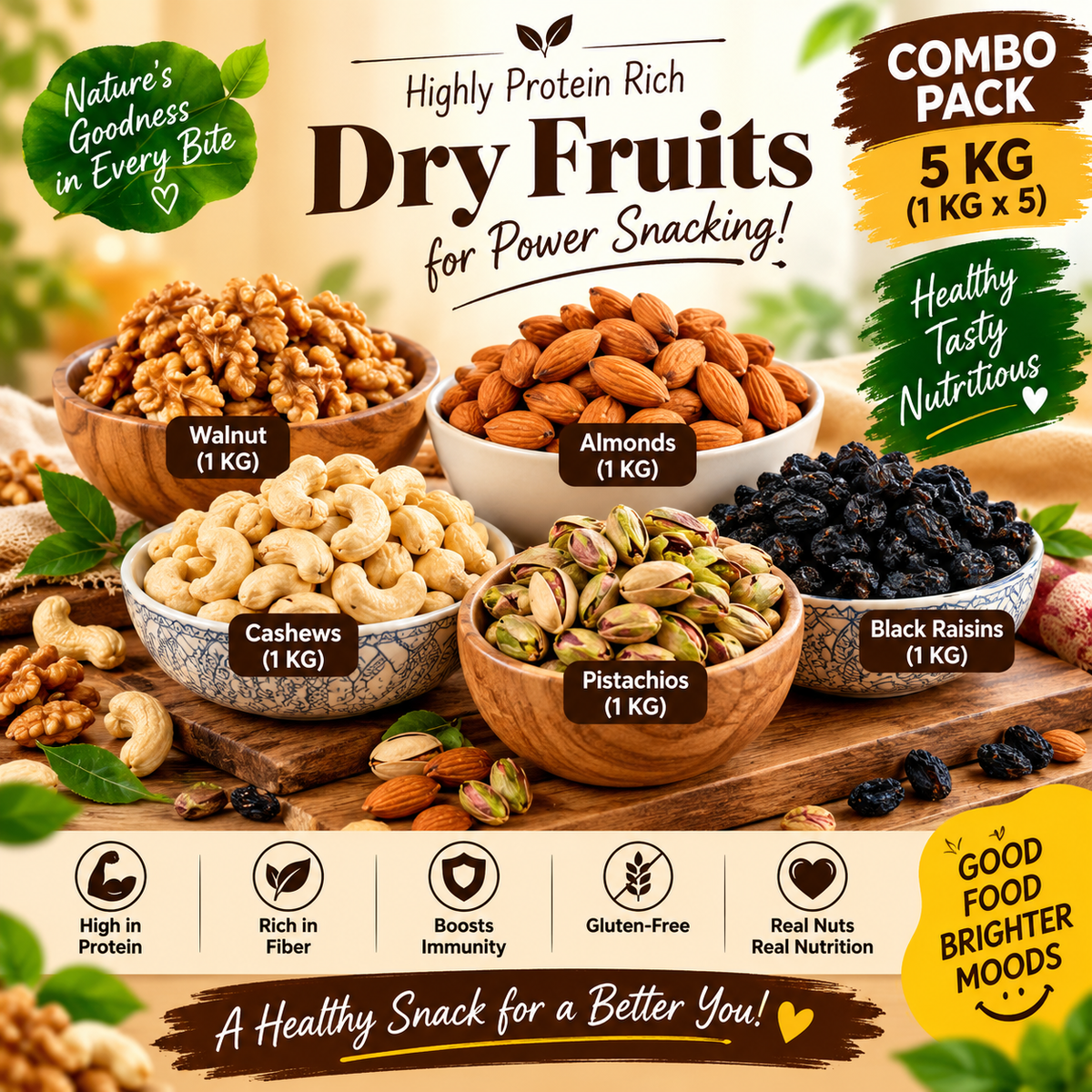 Premium 5-in-1 Dry Fruits Combo Pack – Almonds, Cashews, Pistachios, Black Raisins & Fig-Walnut Mix | 5KG Family Pack