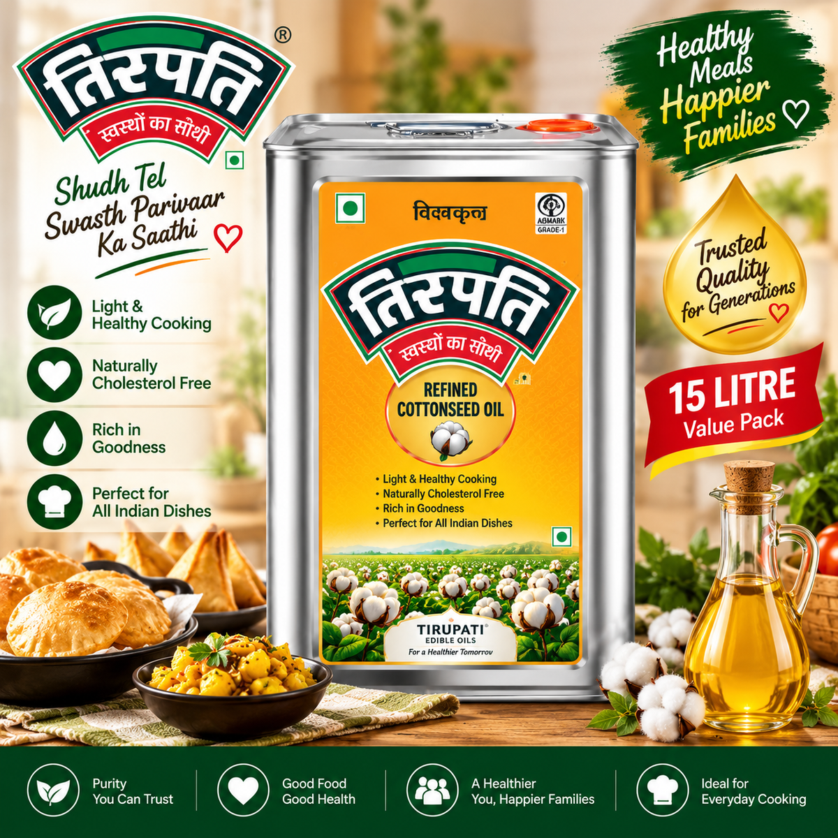 🔥 Premium Family Kitchen Mega Combo – 5KG Fortune Biryani Basmati Rice + 1KG Amul Buffalo Ghee + 15L Tirupati Cottonseed Oil