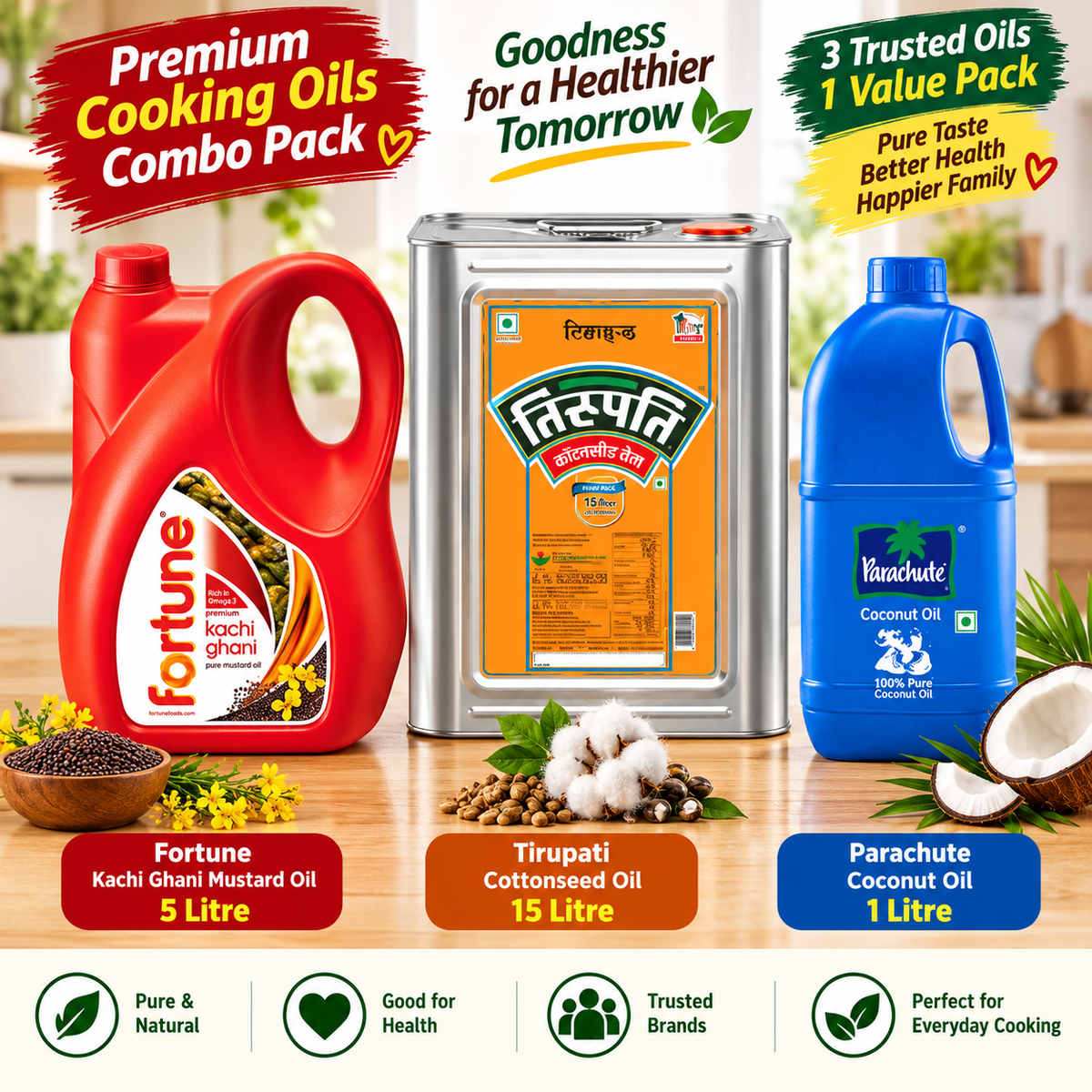 Premium 3-in-1 Cooking Oil Mega Combo – Fortune Mustard Oil 5L + Tirupati Cottonseed Oil 15L + Parachute Coconut Oil 1L