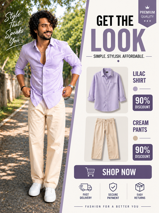🔥 👉 🔥 Get The Look Combo 😎 | Lilac Shirt & Cream Pant Set 💜 (Limited Stock 🚀) - 90% OFF 😍