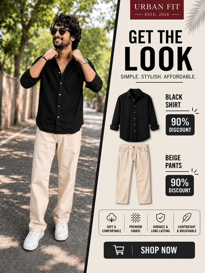 🔥 Premium Black Shirt + Beige Pant Combo – 90% OFF 😍 (Limited Stock 🚀)