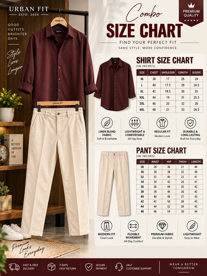 🔥 Premium Linen Blend Maroon Shirt & Cream Pant Combo – Stylish Casual Outfit (Limited Stock) - 90% OFF 😍