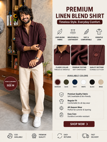 🔥 Premium Linen Blend Maroon Shirt & Cream Pant Combo – Stylish Casual Outfit (Limited Stock) - 90% OFF 😍