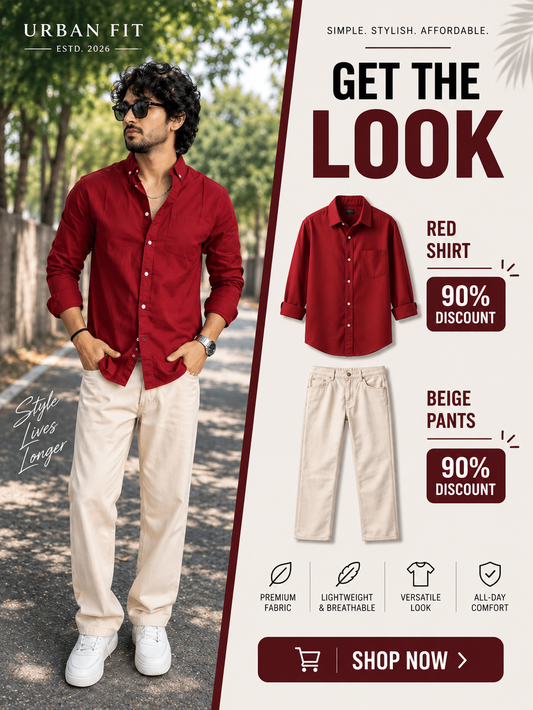 🔥 Premium Red Shirt + Beige Pant Combo – 90% OFF 😍(Limited Stock 🚀)