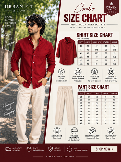 🔥 Premium Red Shirt + Beige Pant Combo – 90% OFF 😍(Limited Stock 🚀)