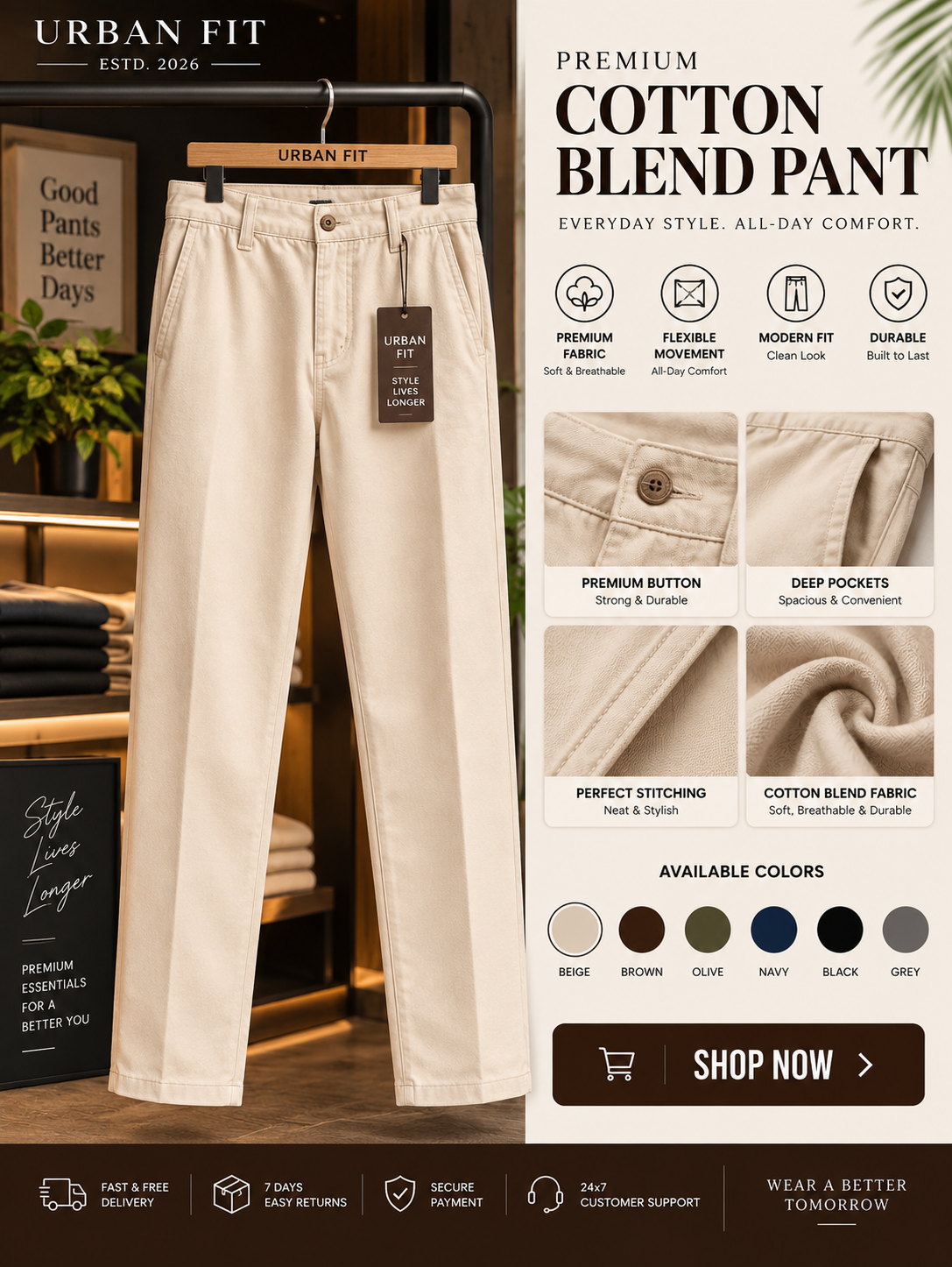 🔥 Premium Brown Shirt & Cream Pant Combo for Men – Stylish Casual Outfit - 90% OFF 😍
