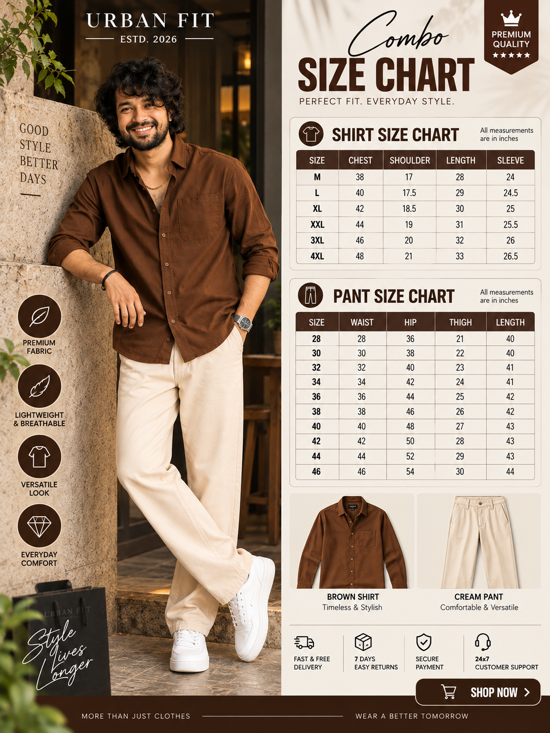 🔥 Premium Brown Shirt & Cream Pant Combo for Men – Stylish Casual Outfit - 90% OFF 😍