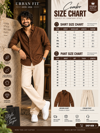 🔥 Premium Brown Shirt & Cream Pant Combo for Men – Stylish Casual Outfit - 90% OFF 😍