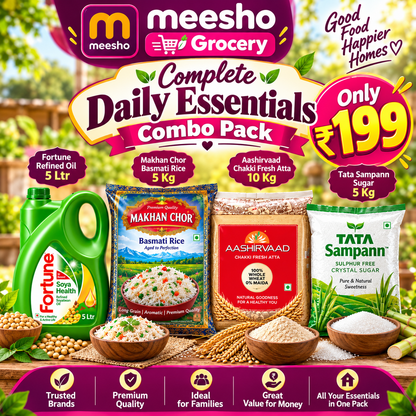 Mega Family Daily Essentials Combo Pack – 5L Fortune Oil + 5KG Makhan Chor Basmati Rice + 10KG Aashirvaad Atta + 5KG Tata Sampann Sugar