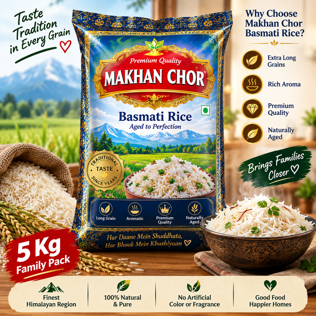Mega Family Daily Essentials Combo Pack – 5L Fortune Oil + 5KG Makhan Chor Basmati Rice + 10KG Aashirvaad Atta + 5KG Tata Sampann Sugar