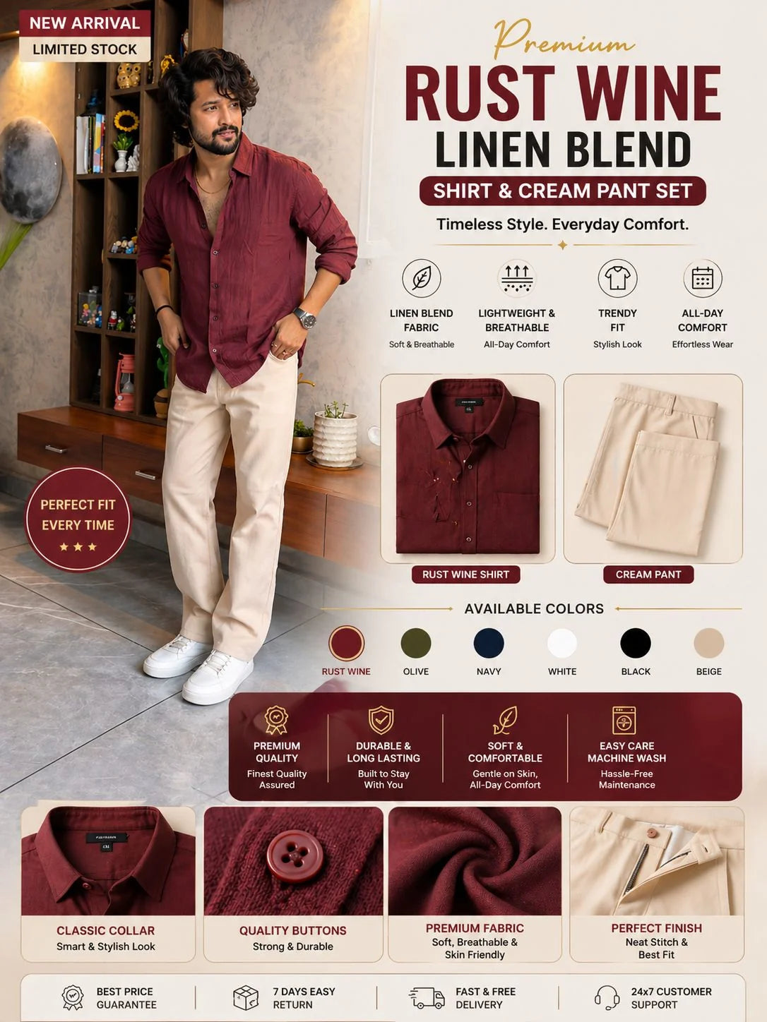 🔥 💎 Burgundy Linen Blend Shirt & Cream Pant Set Combo – Luxury Casual Wear 🔥 - 90% OFF