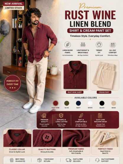 🔥 💎 Burgundy Linen Blend Shirt & Cream Pant Set Combo – Luxury Casual Wear 🔥 - 90% OFF