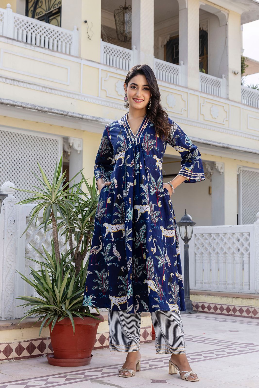 Green and Blue Hand Block Tiger Print Cotton Kurta Set