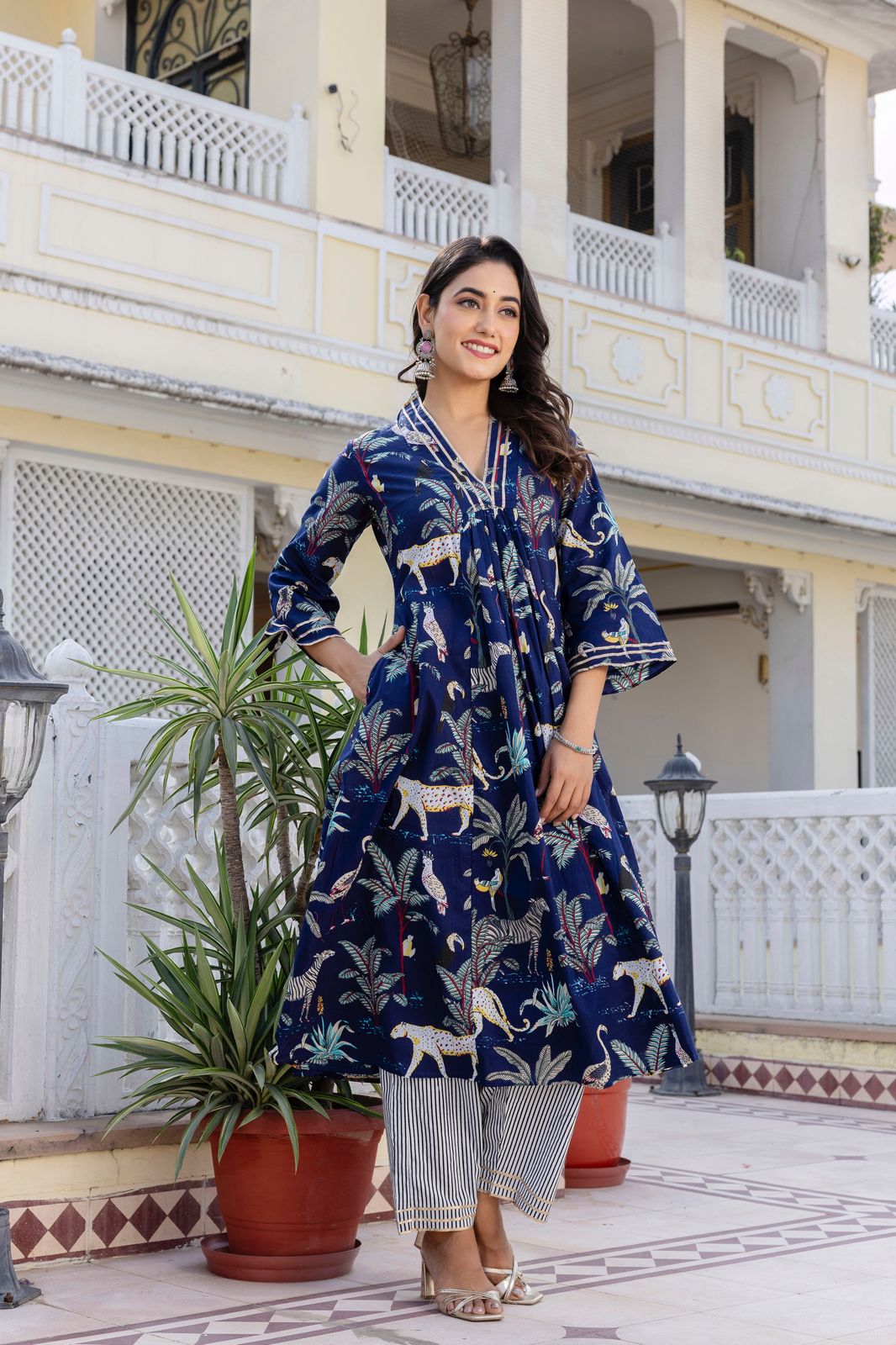 Green and Blue Hand Block Tiger Print Cotton Kurta Set
