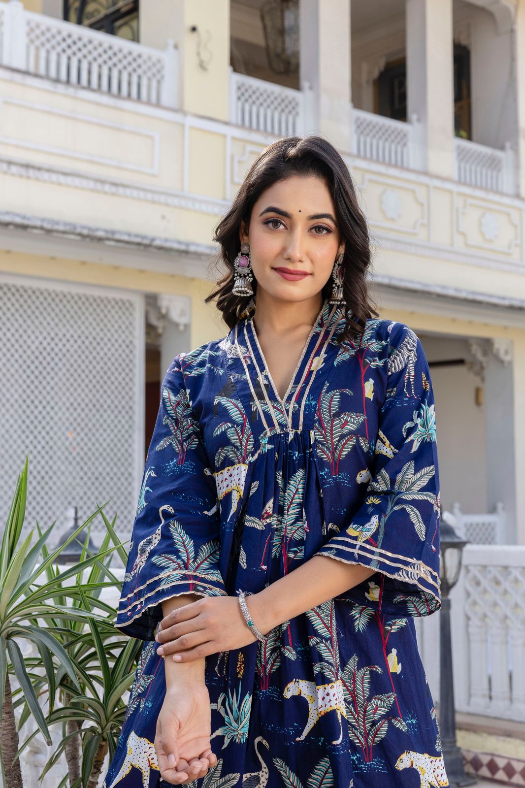 Green and Blue Hand Block Tiger Print Cotton Kurta Set